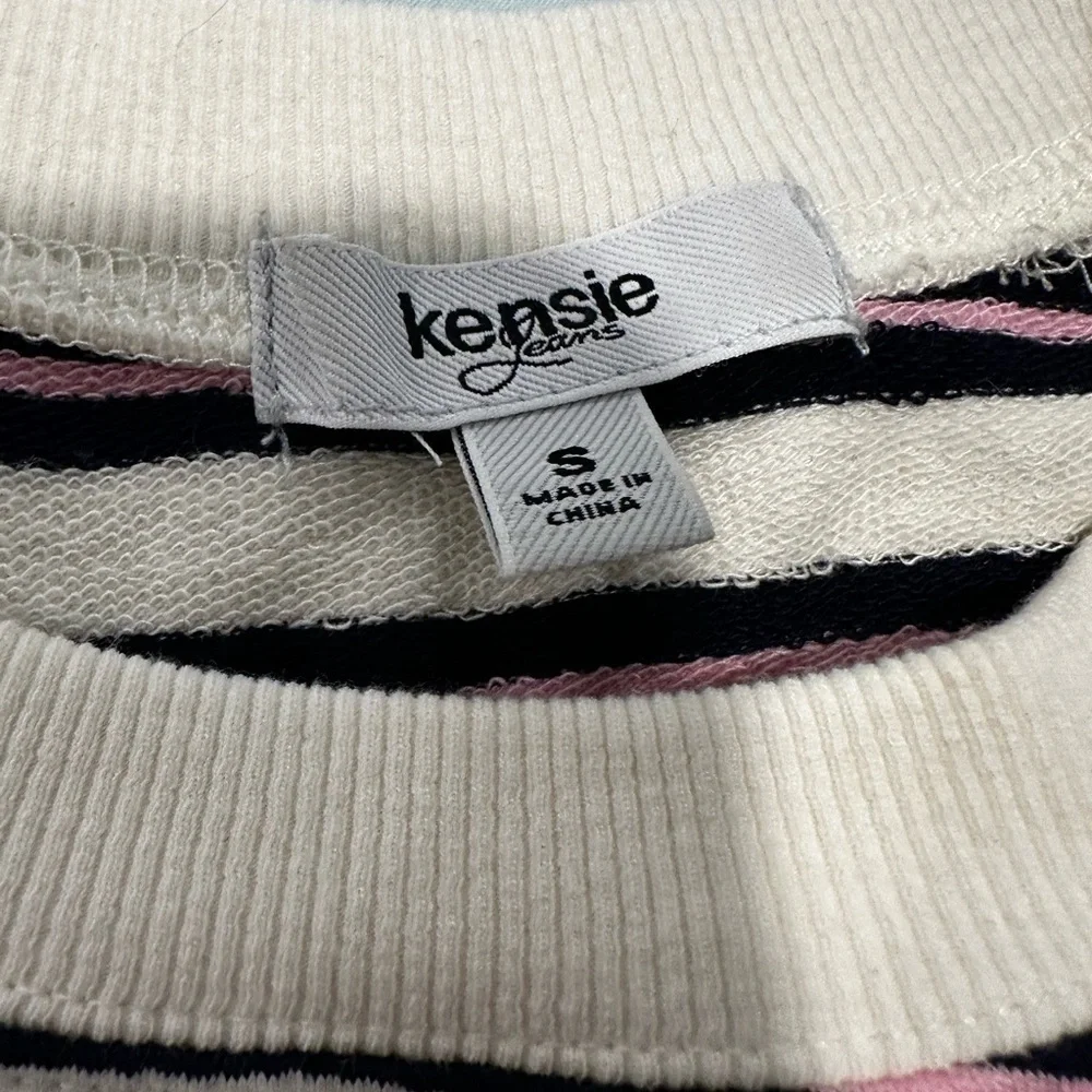 NWOT Kensie Womens Sz:S striped tie-waist ruched sleeve Pullover sweatshirt.